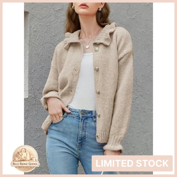 Oversized Ribbed Knit Cardigan Ruffle Neckline Open Front Chic Fall Sweater - Picture 4 of 8